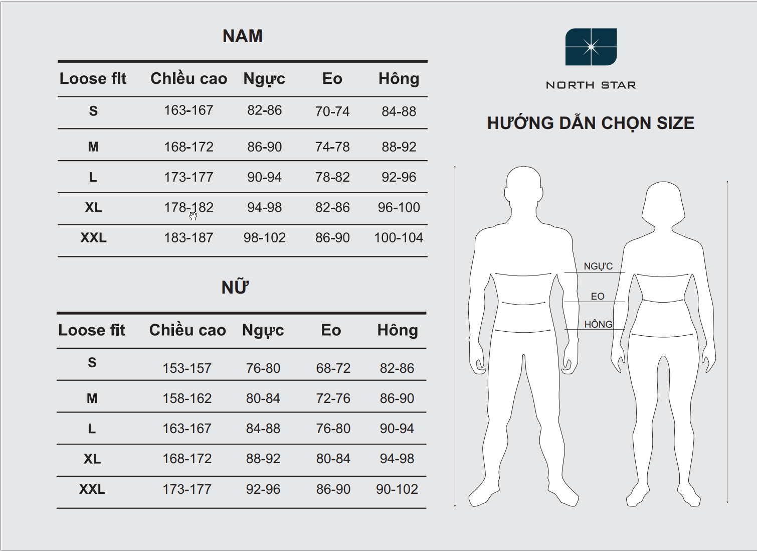 Bảng size NAM và NỮ — đơn vị cm, phom Loose fit. Hướng dẫn đo ngực, eo, hông.
